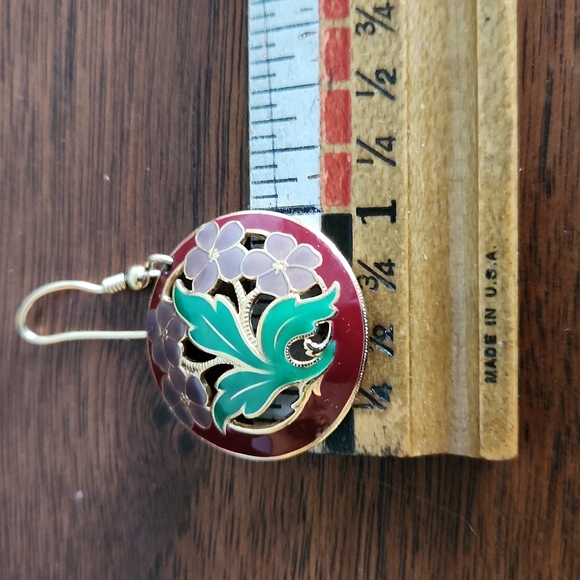 Cloisonne, Earrings, 1" in Diamenter, Maroon,Green,& Violet Gray - Picture 5 of 5